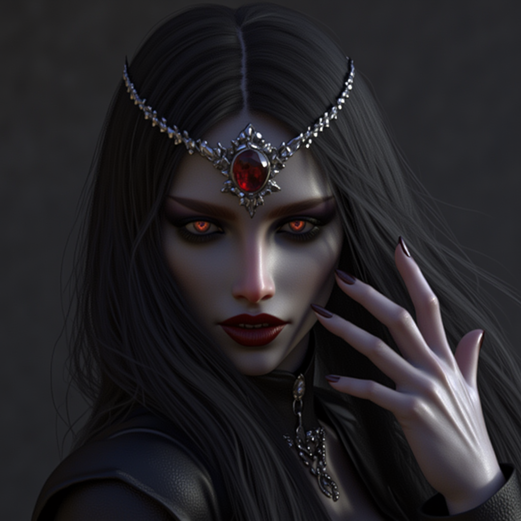 ArsMJStyle, dnddarkestfantasy, , dark vampire queen, with a crown of ruby jewels, red eyeshadow, fangs showing