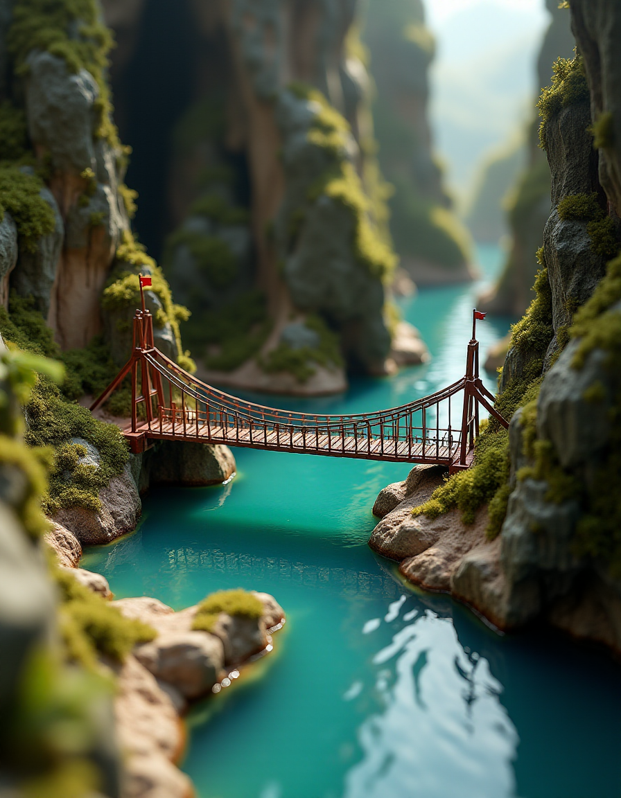 (indoor,very wide isometric view,tilt-shift lens:1.6), (miniature,diorama,no_realistic,no_photo:2) of (stasis _chamber:1.5), suspension bridge with water