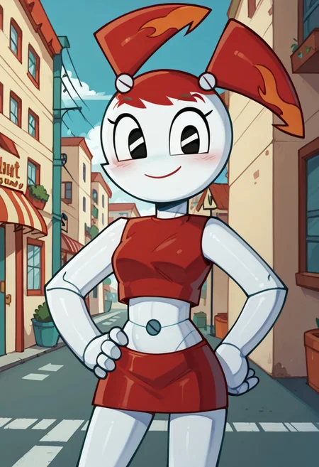 score_9, score_8_up, score_7_up, 1girl, solo, Jenny, hot rod jenny, jenny wakeman, 1girl, solo, robot joints, twintails, red hair, black eyes, orange flame accents, white skin, joints, android, red crop top, red skirt, smile, closed mouth, red blush, looking at viewer, hand on hip, detailed background, outdoors, urban, modern, <lora:Jenny_Wakeman_PDXL_V2:1>,
