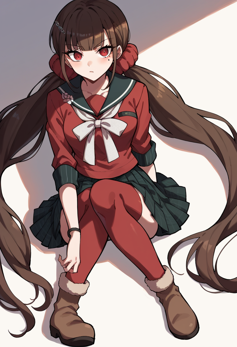 score_9, score_8_up, score_7_up, source_anime  BREAK Harumaki, 1girl, low twintails, red eyes, brown hair,  red scrunchie, mole under eye, hairclip, red shirt, brooch, pleated skirt, white bow, red thighhighs,  boots,    <lora:MakiTPonyXL-000009:1>