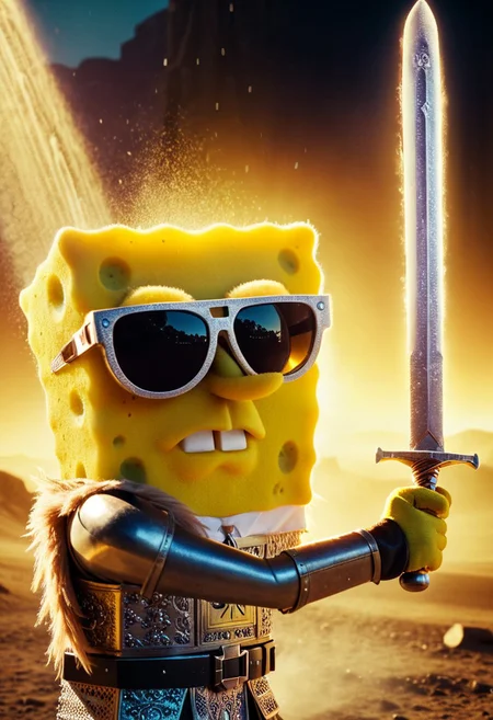 floating dust particles, visible dust in light rays, vintage dusty atmosphere, cinematic quality, closeup, a glamour shot of SpongeBob as a iron knight, wielding giant sword, wearing sun glasses, scenery, glowing eye, wild mane, monochrome Sin City styled duotoned color graded, deep Blacks, very detailed, atmospheric haze, Film grain, cinematic film still, shallow depth of field, highly detailed, high budget, cinemascope, moody, epic, Like a DonMS4kur4XL blossom Rain but its ash,