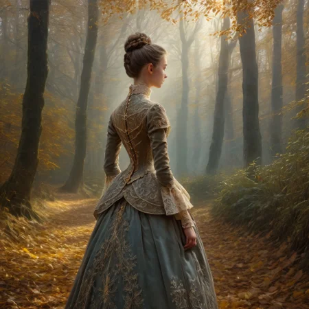 epiCRealism, masterpiece, highly detailed, one girl in a extremely detailed Victorian dress, lace and embroidery with golden leaves and pearls, hair made in a high bun, she walks alone through a late autumn forest in a cold morning, the Sun has just risen and timid sun-rays pierce the autumn leafs and reaches the early mist that clings to the earth, time stands still while  early snowflakes falls from a grey sky