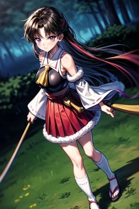 masterpiece, best quality 1girl Setsun4 solo long hair, (night time) forest background black hair very long hair purple eyes multicolored hair armor (fur trim) (medium body),<lora:EMS-179-EMS:0.800000>,<lora:EMS-293862-EMS:0.800000>ascot, bare shoulders, black footwear, detached sleeves, embellished costume, frills, japanese clothes, nontraditional miko, red skirt, sandals, sarashi, skirt, socks, armor, miko