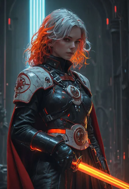 bdsm, collar cyberpunk Samurai jacket, (female, red pink slim skin:1.4), Large linen cape, (nice face, very angry:1.9), (bdsm harness, tight huge massive firm breasts:1.75), surrounded by a detailed spacescape with translucent dark-amber Highlights, (red neon, emissive), (yellow particules, hyper-detailed,:1.4) sharp, high resolution, high quality, 32K, Ultra realistic, HD, super detailed, line art, abstract style, (full body, shinny, wavy hair:1.5), (star wars inquisitor:1.65), (circle hard powerful red white orange fire neon light saber:1.8), (well formed five fingers hands on light saber:1.7)