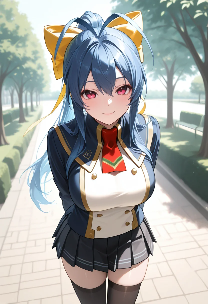masterpiece, best quality, newest, absurdres, highres , <lora:NatsumeMaiBBIllustrious:1>, NTSMABB, long hair, antenna hair, blue hair, yellow bow, ponytail, blazer, long sleeves, school uniform, black pleated skirt, thighhighs, park, arms behind back, seductive smile, looking at viewer, breasts,