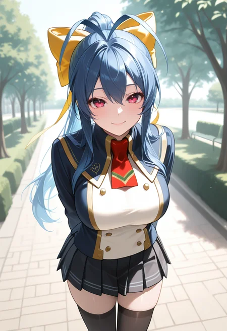 masterpiece, best quality, newest, absurdres, highres , <lora:NatsumeMaiBBIllustrious:1>, NTSMABB, long hair, antenna hair, blue hair, yellow bow, ponytail, blazer, long sleeves, school uniform, black pleated skirt, thighhighs, park, arms behind back, seductive smile, looking at viewer, breasts,