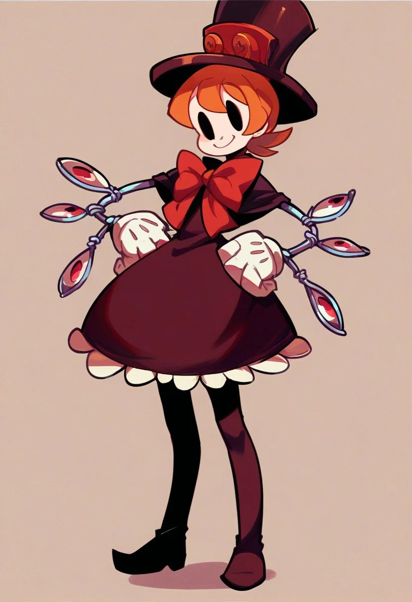 score_9, score_8_up, score_7_up, 1girl, solo, peacockSG, orange hair, dot eyes, top hat, dress, red bow, mechanical arms, white gloves, thigh boots, looking at viewer, smile, happy, side view, hands on hips, simple background, (striped background)