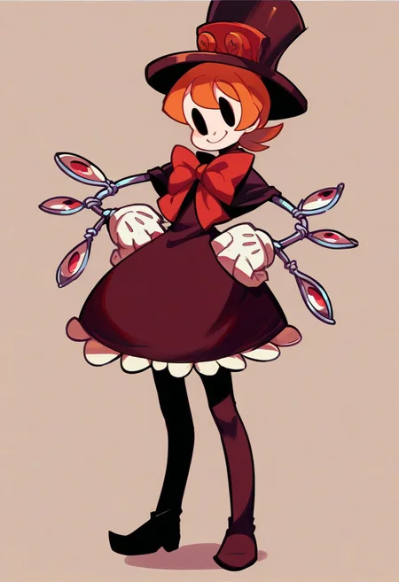 score_9, score_8_up, score_7_up, 1girl, solo, peacockSG, orange hair, dot eyes, top hat, dress, red bow, mechanical arms, white gloves, thigh boots, looking at viewer, smile, happy, side view, hands on hips, simple background, (striped background)