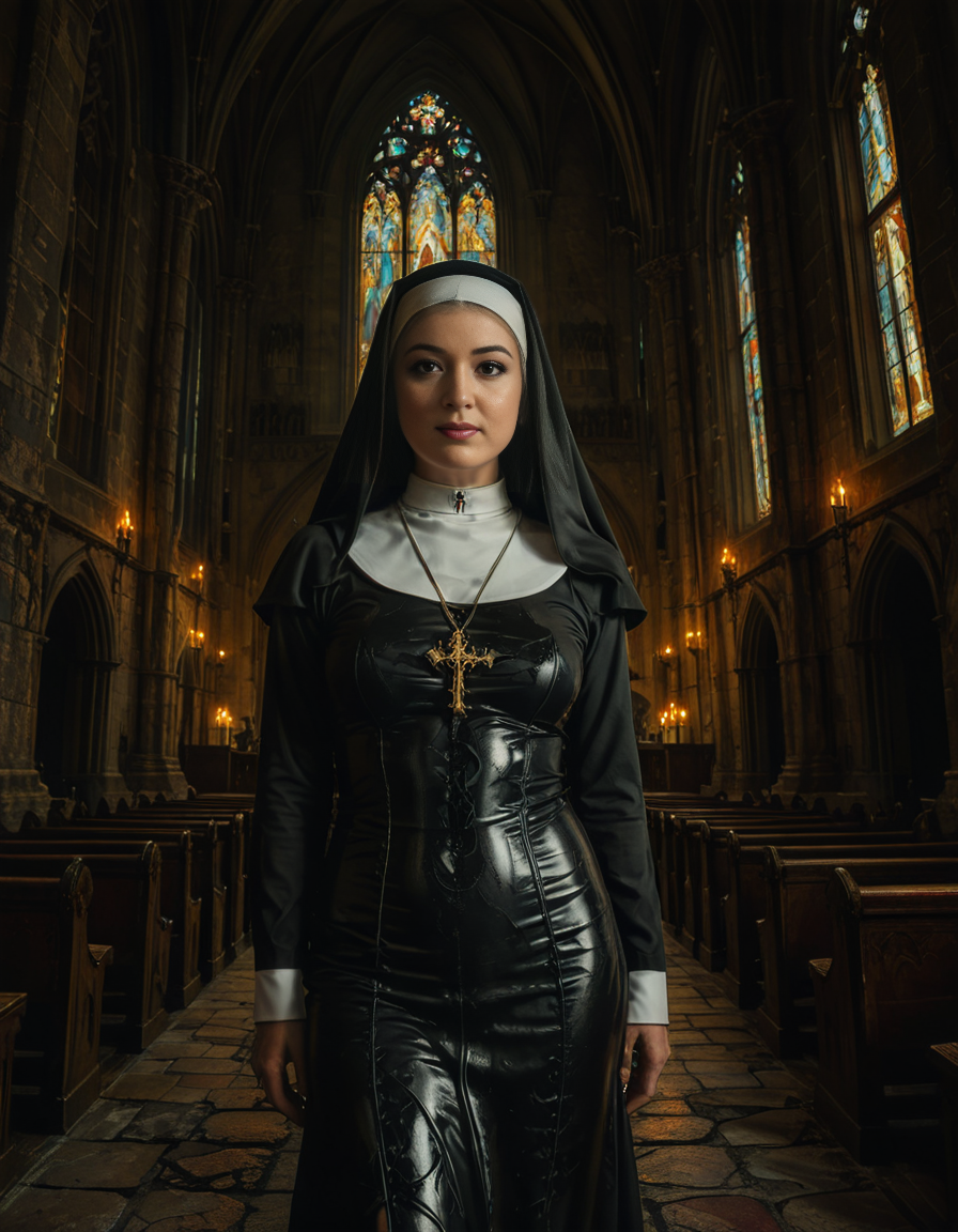 nsfw,focus on a nun,A gothic scene featuring a mysterious woman dressed as a nun in a flowing black latex habit with intricate lace detailing and choker and a red bra, standing solemnly inside of a G0th1c church. The atmosphere is charged with tension as an otherworldly presence seems to loom over the scene, casting eerie red and black shadows on the ancient stone. Other nuns in the background appear uneasy, their movements slow and dreamlike, as if they are being influenced by an unseen dark force. The cathedral's gothic architecture towers above with sharp spires, grotesque gargoyles, and a glowing stained-glass window radiating an unnatural crimson light.<lora:SDXLFaeTastic2400:0.4> <lora:extremely_detailed:0.4> extremely detailed, <lora:G0th1c_church:1>, Masterpiece,best quality,hi res,8k,hi res,8k,award winning,(sharp focus, intricate, highly detailed),