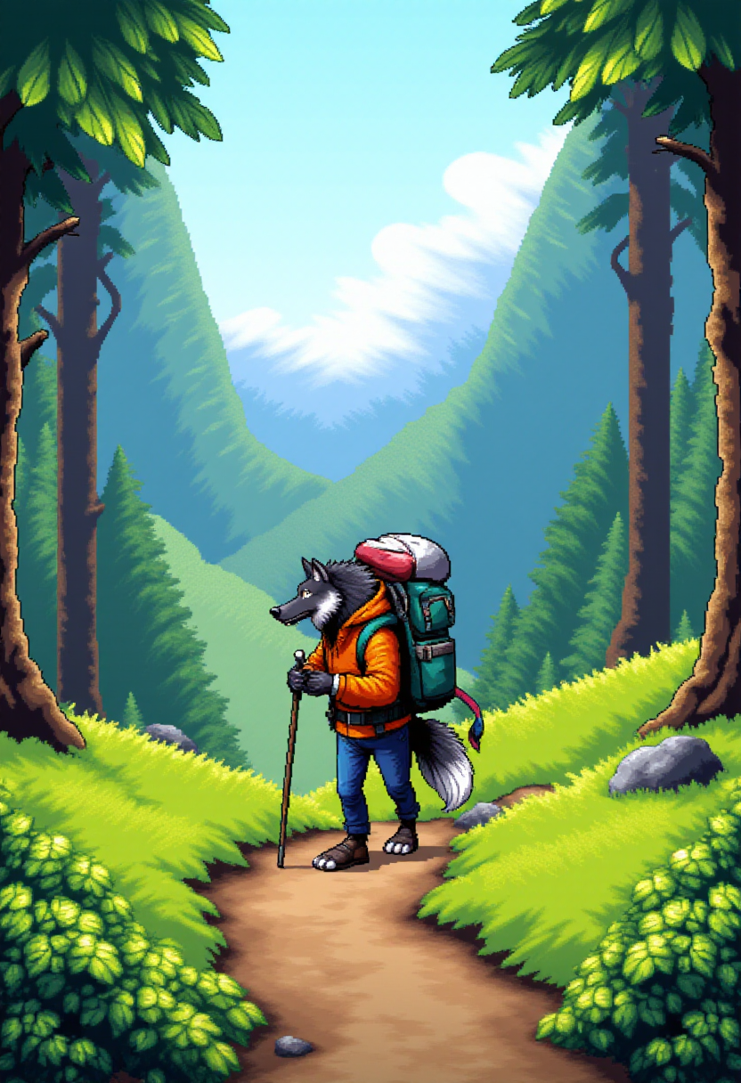 <lora:KFT_2d_Pixel_Style_FLUX-000017:1>
The image is a vibrant kftpxl pixel art illustration featuring    A wolf hiking in a vibrant forest with a backpack and a walking stick.