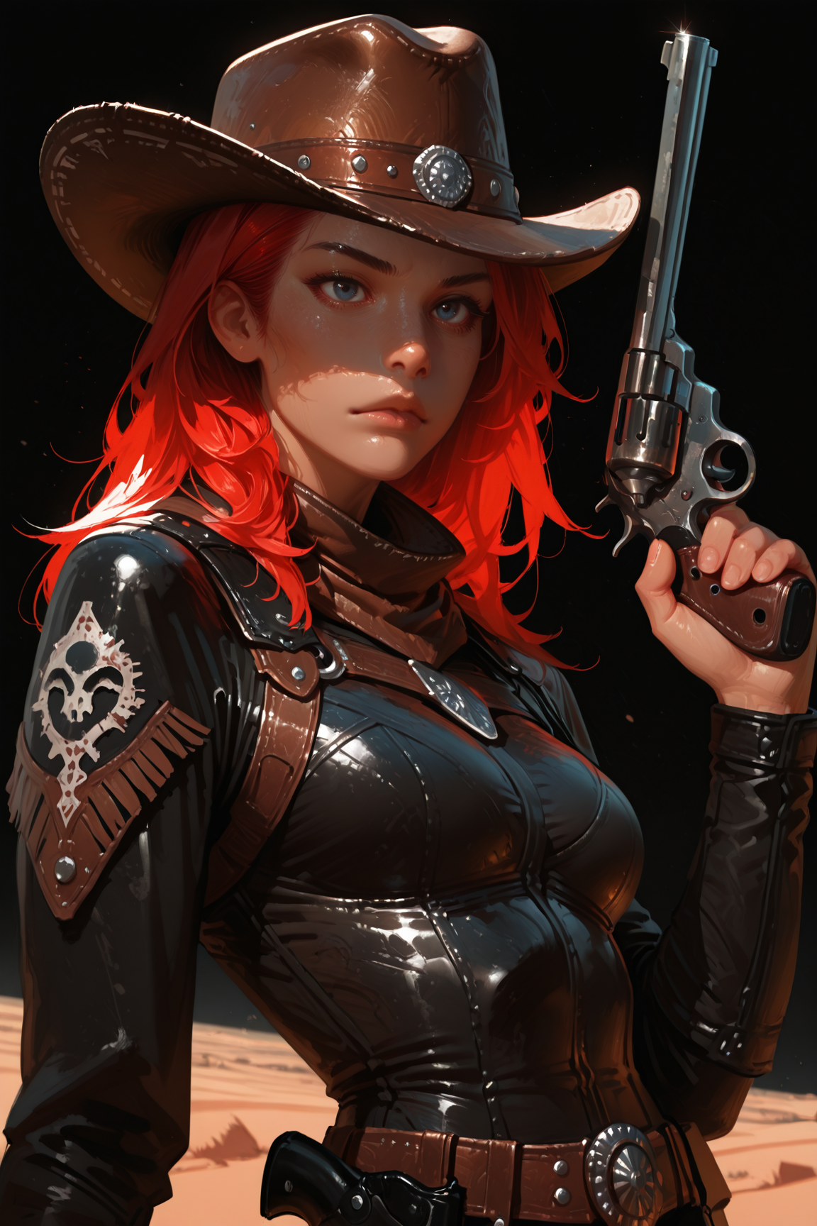 Wild West Variant:
[1girl, solo, looking at viewer, small breasts, short red hair, messy, sharp blue eyes, western, black leather bodysuit with cowboy hat and holster, upper body, black background, holding revolver, desert landscape visible in the distance]hand up, <lora:Detailer_NoobAI_Incrs_v1:0.75>, masterwork, masterpiece, best quality, , dynamic pose,,  dynamic angle, , ,  (lineless:1.2), detailed, depth of field, dynamic lighting, blurry, (cheekbones:0.85), (realistic:1.2)
adult, aged up,, ultra-HD, cinematic lighting, photorealistic, (impressionism:1.5), high detail  ,masterpiece, best quality, very aesthetic, 8k,