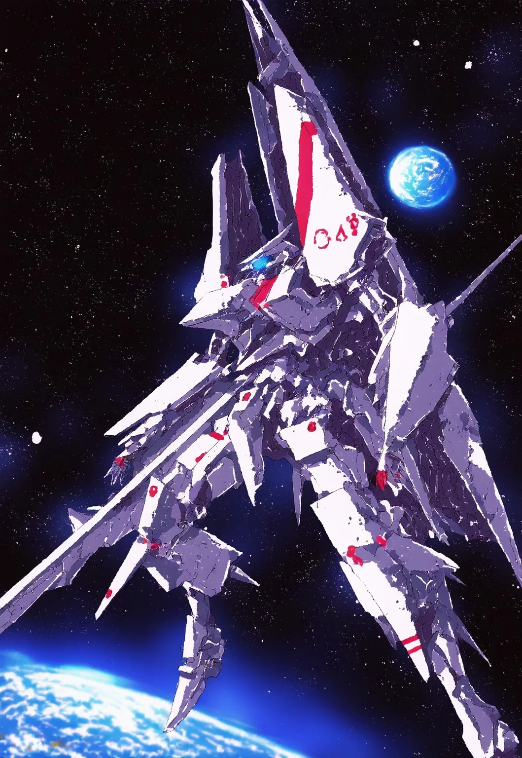 cs-l3ath3r, mecha,science fiction,no humans,glowing,retro artstyle,space,star \(sky\),planet,earth \(planet\),space craft,starry sky,weapon,milky way