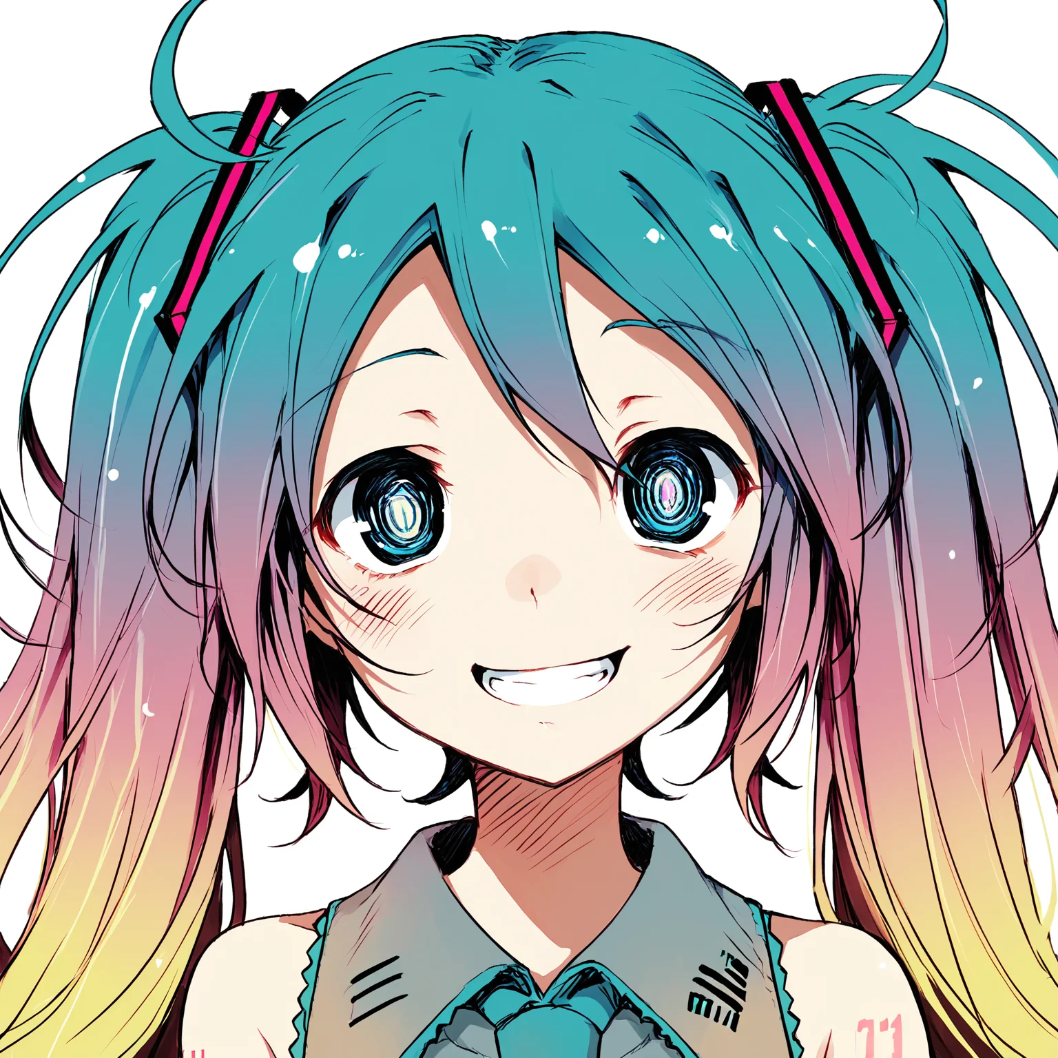 score_9, score_8_up, score_7_up,
<lora:Kamiya_Yuu_style_PDXL_V2-000020:1.0>, kamiya yuu, no game no life, gradient hair, multicolored hair, ringed eyes,
BREAK
1girl, solo, face focus, close-up,
hatsune miku, blue hair, messy hair, blonde hair, pink hair, long hair, long twintails, blue eyes,
eye trail, grin, excited,