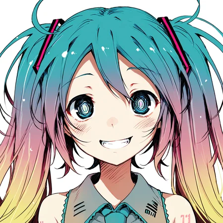 score_9, score_8_up, score_7_up,
<lora:Kamiya_Yuu_style_PDXL_V2-000020:1.0>, kamiya yuu, no game no life, gradient hair, multicolored hair, ringed eyes,
BREAK
1girl, solo, face focus, close-up,
hatsune miku, blue hair, messy hair, blonde hair, pink hair, long hair, long twintails, blue eyes,
eye trail, grin, excited,