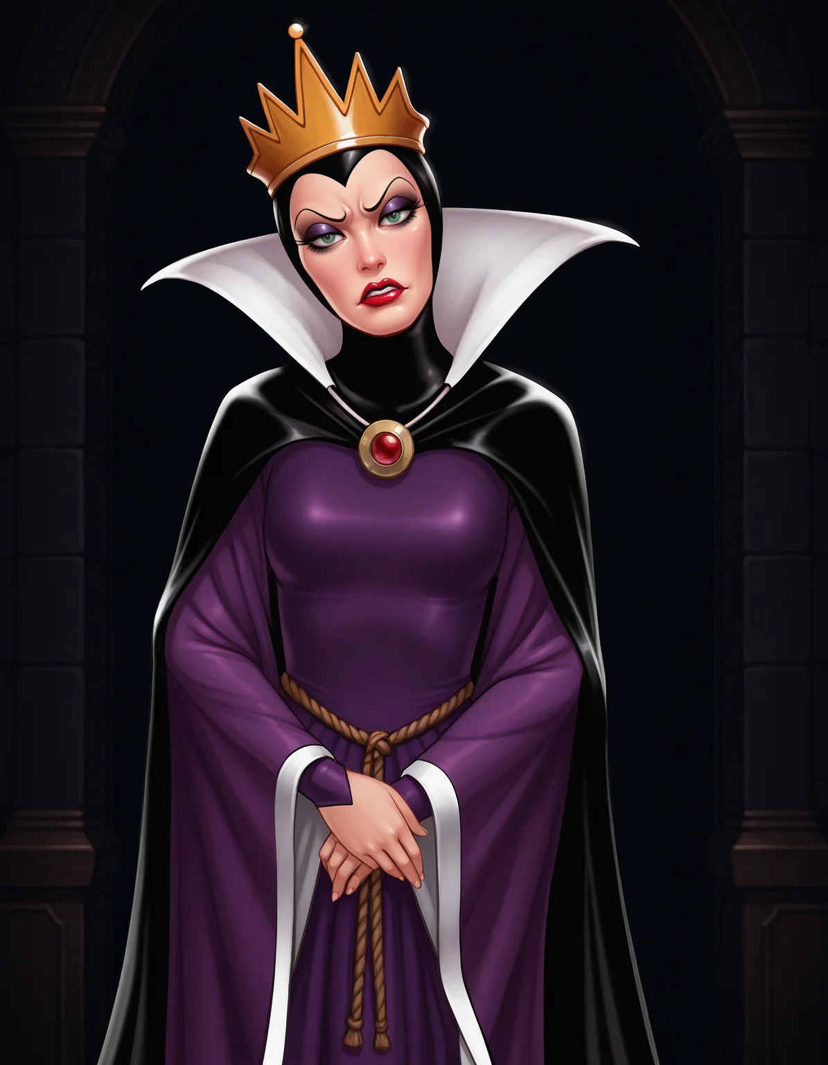 dress, cape,
indoors, dark background,
1girl, solo, standing, looking at viewer,
<lora:snowwhite-evilqueen:1> xevilqueenx, green eyes, wimple, crown, makeup, lipstick,