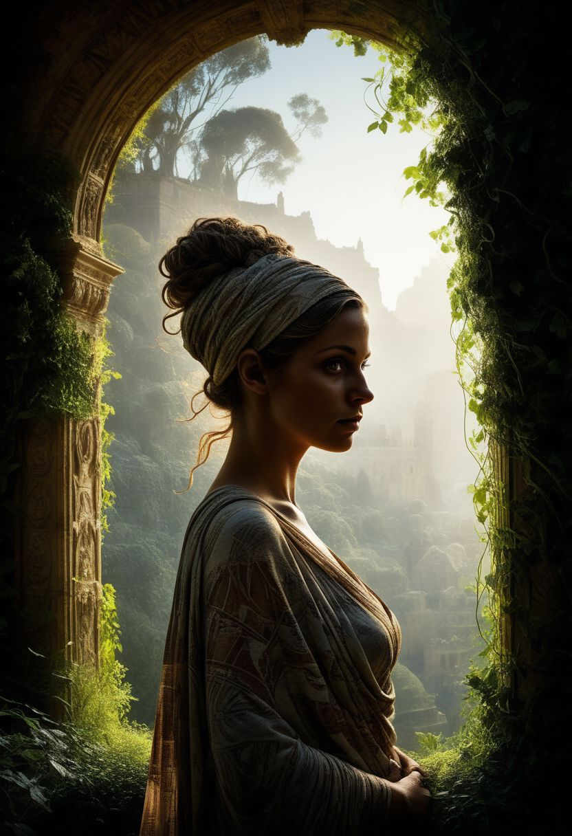 mysterious silhouette beautiful antique woman in a toga, (hanging gardens of babylon), goddess, alluring, by Minjae Lee, Carne Griffiths, Emily Kell, Steve McCurry, Geoffroy Thoorens, Aaron Horkey, Jordan Grimmer, Greg Rutkowski, amazing depth, double exposure, surreal, geometric patterns, intricately detailed, bokeh,  perfect balanced, deep fine borders, artistic photorealism , smooth,  great masterwork by head of prompt engineering   <lora:add-detail-xl:2>  <lora:Double_Exposure:0.5>