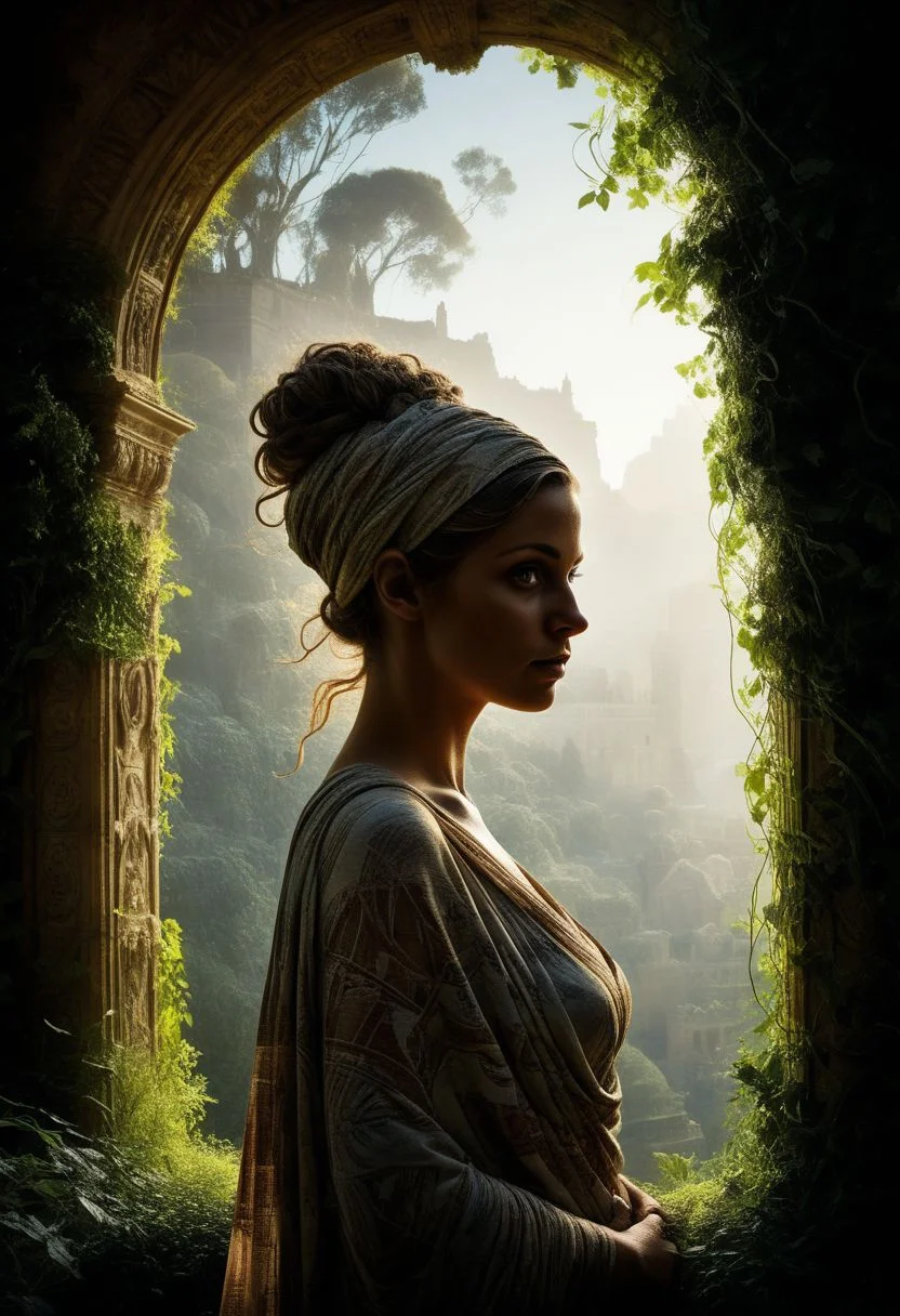 mysterious silhouette beautiful antique woman in a toga, (hanging gardens of babylon), goddess, alluring, by Minjae Lee, Carne Griffiths, Emily Kell, Steve McCurry, Geoffroy Thoorens, Aaron Horkey, Jordan Grimmer, Greg Rutkowski, amazing depth, double exposure, surreal, geometric patterns, intricately detailed, bokeh,  perfect balanced, deep fine borders, artistic photorealism , smooth,  great masterwork by head of prompt engineering   <lora:add-detail-xl:2>  <lora:Double_Exposure:0.5>