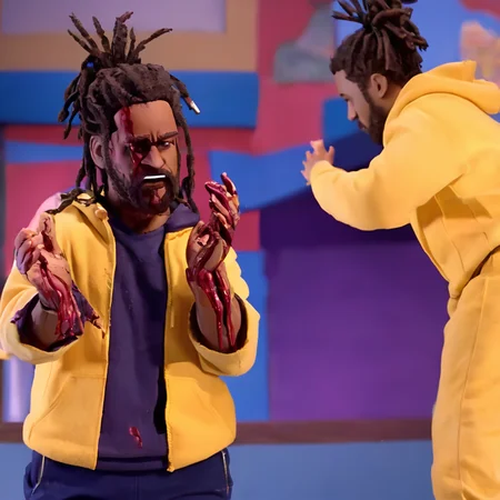 a photo of a cinematic still of rhwrld , dreads in a bun in the style of rbtchkn <lora:riiahworldxl:1> rhwrld <lora:jcoleXL:0.7> robot chicken, rbtchkn, robot chicken tv show, stop motion, depth of field , close up, wearing a yellow hoodie, wearing blue joggers, at a theme park, bleeding out of his shirt, bleeding from chest area