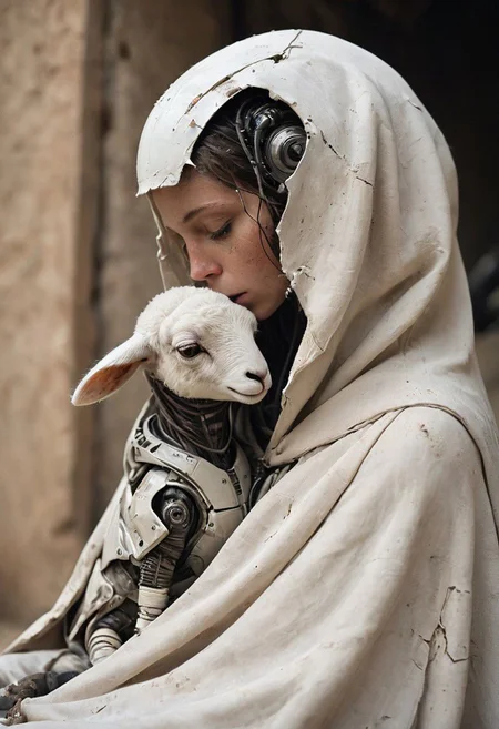 sideview, super closeup portrait, The sheep like  robot sits quietly in a secluded spot with a little human newborn baby on its lap, Describe the melancholic scene of a light mudded dirty hooded noface sci-fi sheep-robotic shepherd cyborg draped in a muddy torn thick white bedouin linen cloak.  Its face remains concealed, and the large hooded cape over its head is made of coarse, thick, dirty, torn and worn white linen fabric. It exudes a silent presence, as the surroundings are permeated with a blend of solitude and tender moments of affection. cables, wires, very detailed, light film grain