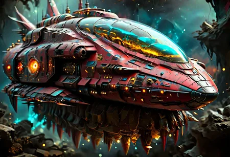 In outer space, a long shot of a Spaceship, by Moebius and H. R. Giger and Stefan Martiniere and Tomer Hanuka, (A giant bioluminescent futuristic spaceship, hyper detailed, award winning on artstation.com,(intricate details, masterpiece, best quality:1.4), wide angle view, dense fog, Different shades of red and gold and yellow, embellished with turquoise decoration, fractal art, in the style of nicola samori, Intense gaze, Bright... ,Model, expression, anthro, facial expression, Intense gaze, Anthro... woman, Genetically modified..., bioluminescent, glowing, spcrft