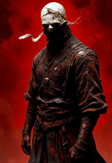 Backlit backlight, The background is a deep, textured red, evoking a gritty and intense atmosphere. The central figure is a battle-hardened ninja, dressed in traditional feudal attire. The ninja's face is shrouded in mystery, with shadows swallowing their eyes, leaving only an aura of danger and determination. Their dark, layered kimono and hakama are accented by a weathered sash, showing signs of countless battles. A white headband, its straps frayed and blowing in an unseen wind, is tied across the forehead, emphasizing their readiness for combat. Subtle metallic elements on the ninja’s armguards hint at hidden weapons or advanced craftsmanship. Their weathered attire is a mix of deep maroon and black, accented with white stitching and ornate, shadowy patterns resembling clan symbols. A short, high-collared cape drapes over one shoulder, tattered and battle-worn. The ninja stands poised, their silhouette radiating both menace and honor, embodying the timeless spirit of a feudal warrior.