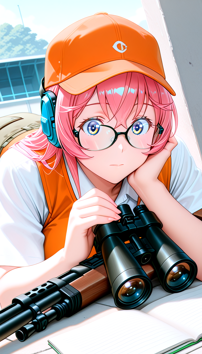 IllusP0s, masterpiece, best quality, amazing quality, very aesthetic, absurdres, newest,  ((ultra detailed hair:1.4)), ((ultra detailed eyes:1.4)), ((dynamic angle:1.4))
BREAK
1girl,solo, 0t0m3,<lora:sakuragi_otome420_epoch_15:1>
White shirt, cargo pants, orange vest, orange baseball cap, ((Yellow lens shooting glasses)), Ear protectors, The hat has a rifle mark on it
BREAK
Outdoor Shooting Range, Roof, desk, sandbags
Long-distance shooting competition
Bolt-action rifle, prone, Leaning on elbows, holding binoculars, Looking through binoculars, Cased rifle bullets, Notebook and pen
Rifle leaning against a wall
