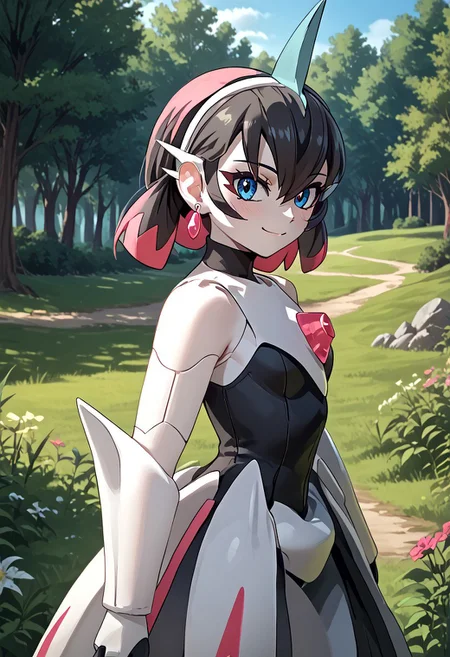 score_4,score_5,score_6,score_7_up,score_8_up,score_9 ((masterpiece,best quality,ultra detailed,highres,HD,4k:1.2)),
1 girl,solo,face focus,
((ironvaliantsv,pokemon (creature), solo,colored skin, white skin:1.2)),
short hair,black hair,multicolored hair,Inner color pink hair,blue eyes,tattoo,black head gear,earrings,small breast,
outdoors,in the forest,day,
standing,
smile,.blush,light smile,