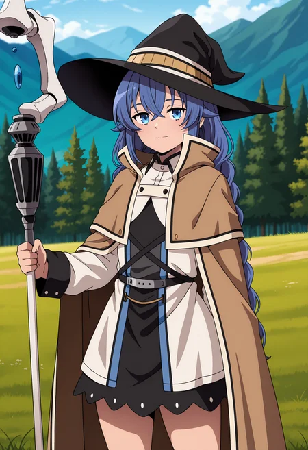 anime screencap, masterpiece, best quality,
<lora:MushokuTensei_RoxyMigurdia_IlluXL:0.9>,
1girl, solo, closed mouth, light smile,
long hair, crossed bangs, twin braids, blue hair, long hair, blue eyes,
RoxyDress, black witch hat, brown cape, layered dress, cross-laced clothes, long sleeves, medium skirt, black skirt,
holding staff,
standing, looking at viewer, cowboy shot, thighs,
forest, mountainous horizon, grass, nature, day