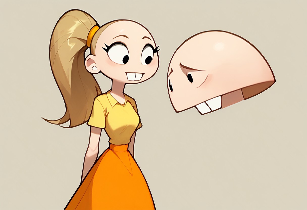 score_9, score_8_up, score_7_up BREAK pegTO, 1girl, bald head, black eyes, yellow hairclip, light brown ponytail, ponytail, buckteeth, bucktooth, no jaw, no lower jaw, half head, jawless, yellow longsleeved shirt, orange skirt, yellow socks, white black shoes,