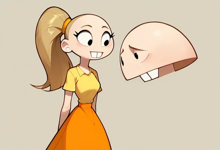 score_9, score_8_up, score_7_up BREAK pegTO, 1girl, bald head, black eyes, yellow hairclip, light brown ponytail, ponytail, buckteeth, bucktooth, no jaw, no lower jaw, half head, jawless, yellow longsleeved shirt, orange skirt, yellow socks, white black shoes,
