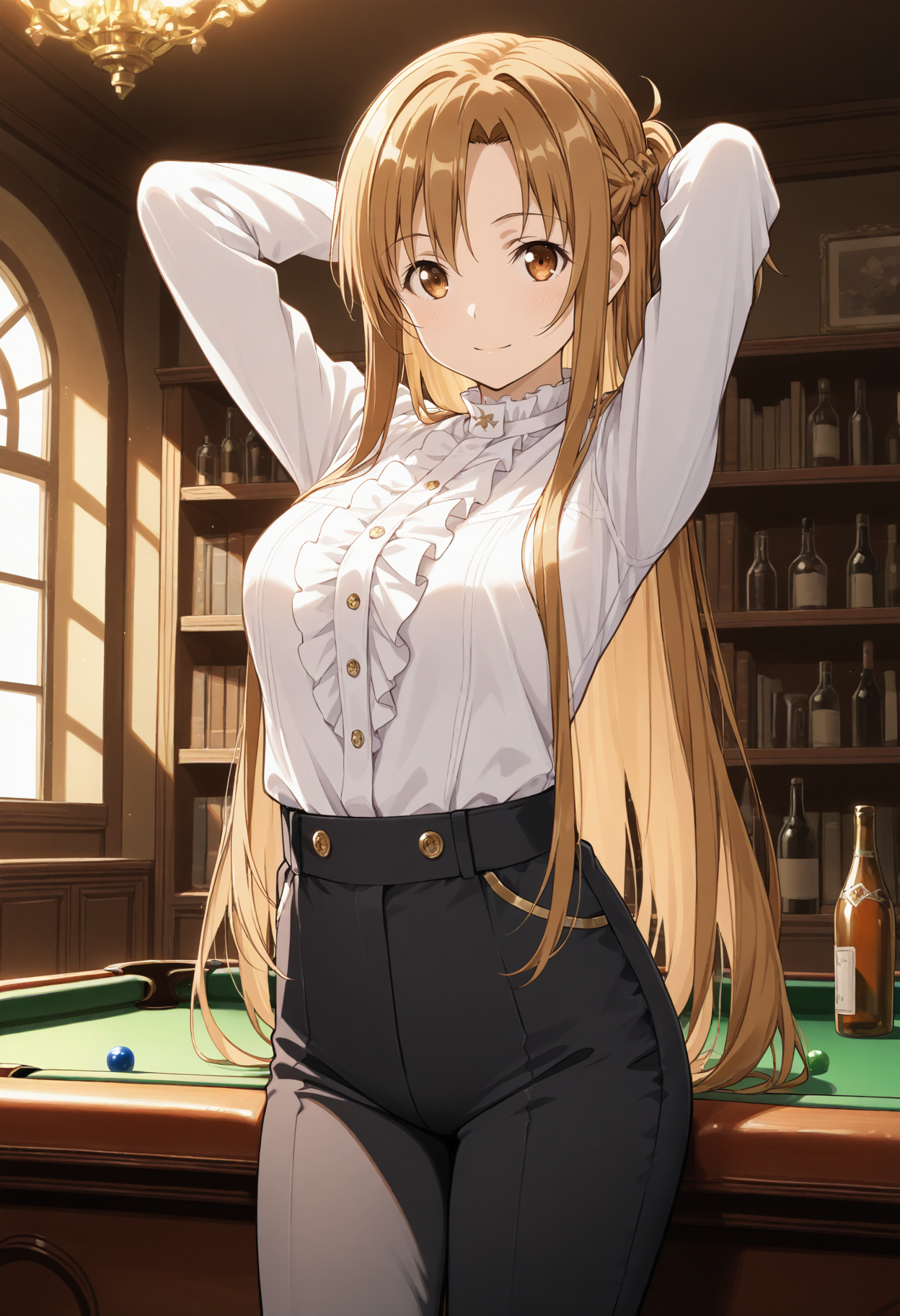masterpiece, best quality, 1girl, solo, aaasuna, long hair, brown hair, braid, black pants, conductor, frills, gold trim, long sleeves, white shirt, indoors, billiards, pool table, table, arms behind head, cowboy shot, brown eyes, buttons, billiard ball, bottle, bookshelf, looking at viewer, light smile, closed mouth