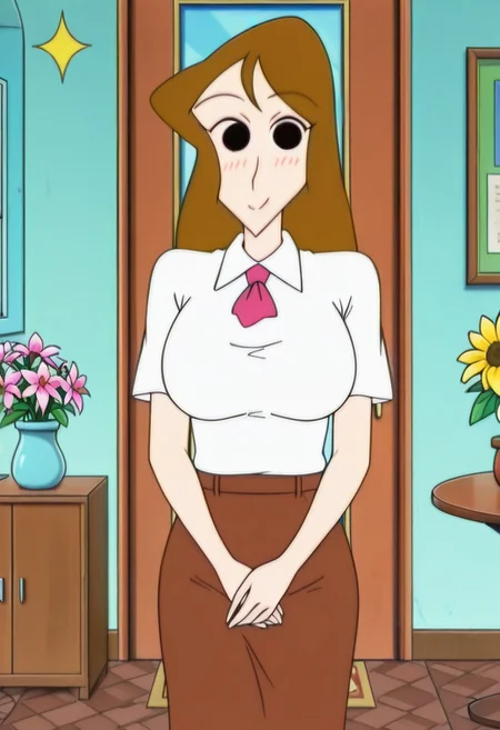 best quality, masterpiece, anime screencap, anime coloring, ultra detailed, source_anime, intricate details, perfect anatomy, 1girl, solo, looking at viewer,
woman4, brown hair, black eyes, long hair, breasts, large breasts, smile,
plant, scenery, door, sparkle, table, shelf, flower pot, chair,