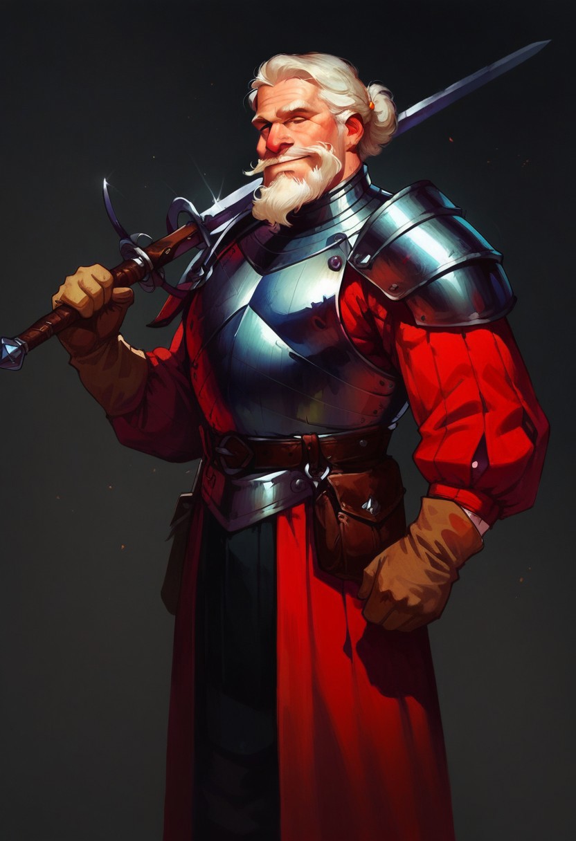 male focus, solo focus, solo, score_9, score_8_up, score_7_up, 1boy, beard, mustache, armor, ZweihanderV1.1-pose2, weapon, sword, holding weapon, holding, over shoulder