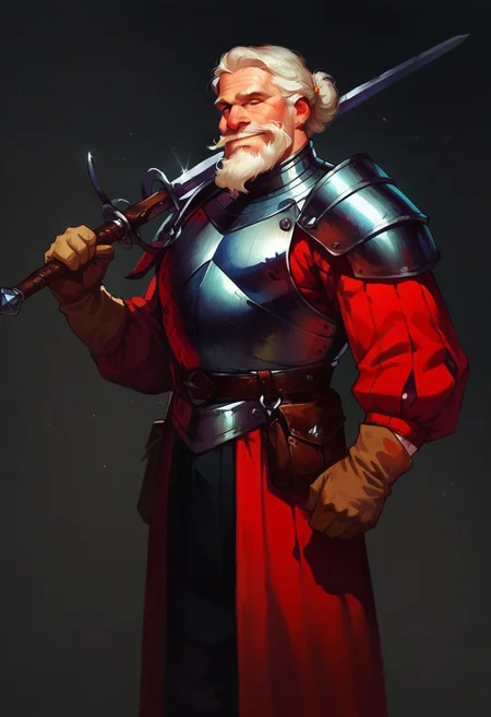 male focus, solo focus, solo, score_9, score_8_up, score_7_up, 1boy, beard, mustache, armor, ZweihanderV1.1-pose2, weapon, sword, holding weapon, holding, over shoulder
