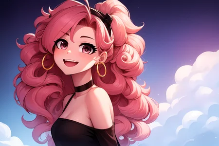 masterpiece, best quality, volumetric lighting, starry sky, 1girl, solo, from side, playing in a cloud, floating in the sky, fluffy hair, curly hair, streaked hair, heart ahoge, sparkling eyes, golden hoop earrings, choker, happy, smile, :D, simple clothes, <lora:floofy-bob-1.0:0.6> floofy bob, big hair, <lora:KTFv2_01:1.0>
