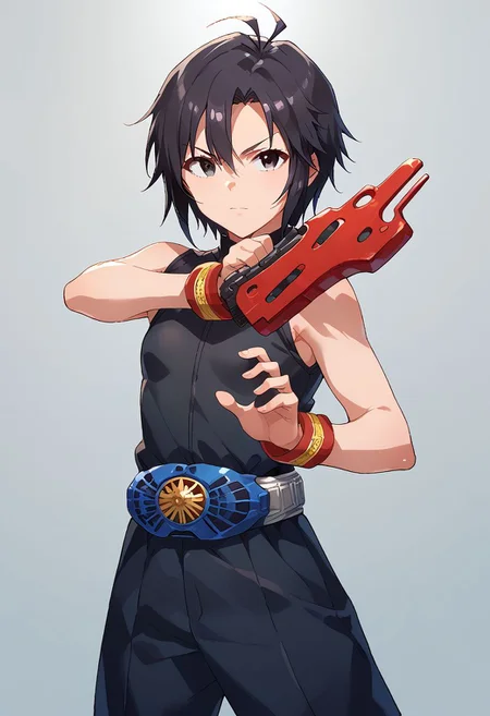 score_9, score_8_up, score_7_up, source_anime,
kkcmkt, short hair, black hair, antenna hair, hair between eyes, black eyes, flat chest, small breasts, rider belt, henshin pose
