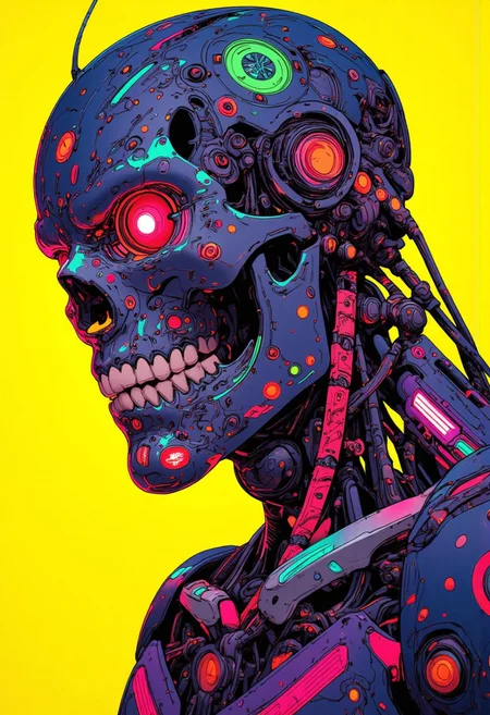 A hyper-realistic, detailed anime illustration in **niji_flux**, **anime**, and **cyberpunk** style, featuring a straight low-angle close-up of a figure wearing a skull mask with glowing red eyes, looking ominously down at the viewer. The skull and skin are composed of intricate neon multicolored dots and lines, with five vibrant color variants: neon blue, neon pink, neon green, neon purple, and neon orange, each carefully detailed to form the texture of the skull. The dots and lines are meticulously arranged, creating a mesmerizing digital pattern across the skull’s surface, glowing brightly with a futuristic feel. The background is a plain, solid yellow, which contrasts sharply with the neon details of the figure, enhancing the intense cyberpunk atmosphere. The shot is taken using a **Sony Alpha 7R IV** with a 35mm f/1.8 lens, capturing the close-up from a low angle to emphasize the intimidating presence of the figure. The 4K high-resolution image is a masterpiece of cyberpunk art, blending eerie and futuristic elements. <lora:Niji_FLUX_v1.0:1.00> <lora:Retro_Anime_Flux_Style_v1.0:0.40> <lora:Cyberpunk_Anime_Style_Flux.1_D_v1:0.80> <lora:Sinfully_Stylish_Dramatic_Lighting_v.02_For_Flux:0.90>