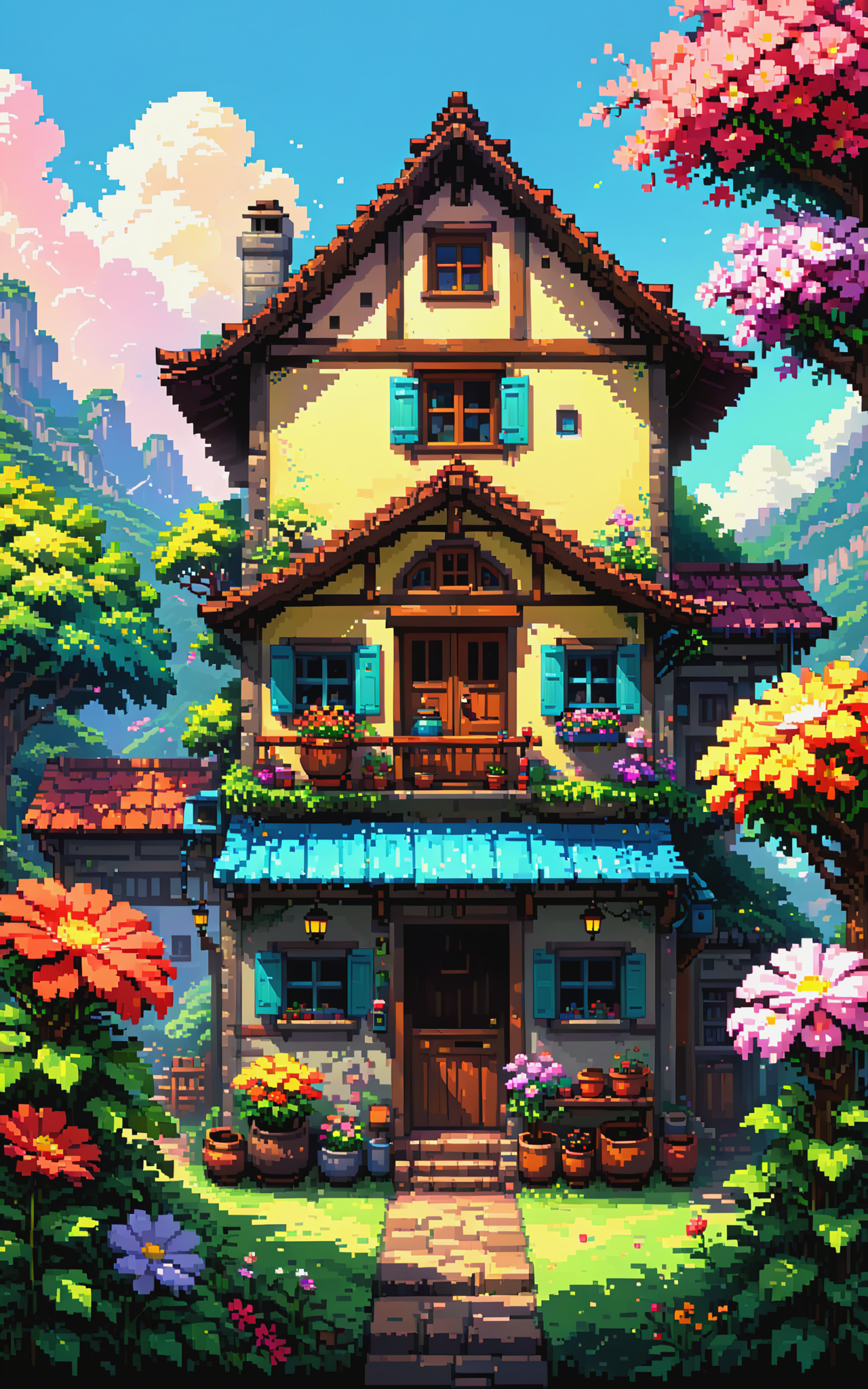 beautiful colorful house, Pixel art. Ghibli style, beautiful anime, colorful, flowers, nostalgic, exuberant, pixel art, minimalist drawing style<lora:xl_more_art-full_v1:0.4> <lora:pixel_art:0.6>