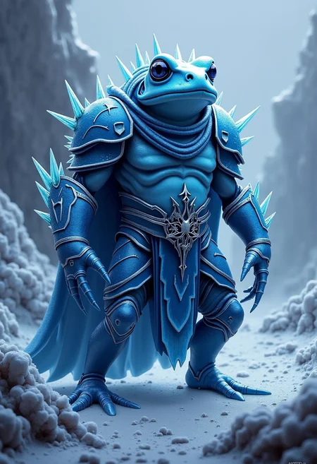 A detailed masterpiece digital art of an anthro dark blue ice frog, dressed in icy viking armor. He has the face of a frog made of ice, surrounded by an aura of cold and ice. He stays in majestic proud sinister pose. His armor and skin are covered in sharp ice crystals. The painting is done in bluish-icy dark tones and is imbued with an ominous frosty aura. In the background is an icy wasteland with many sharp ice rocks.