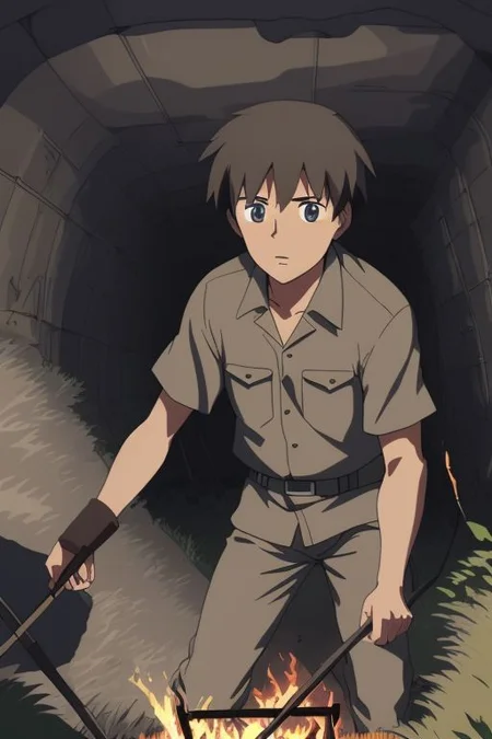 high resolution, solo, best quality, 1Boy, Takaki Toono, Brownish Hair, Brown Eyes, cave, bunker, field Ration, bonfire, OverallDetail
