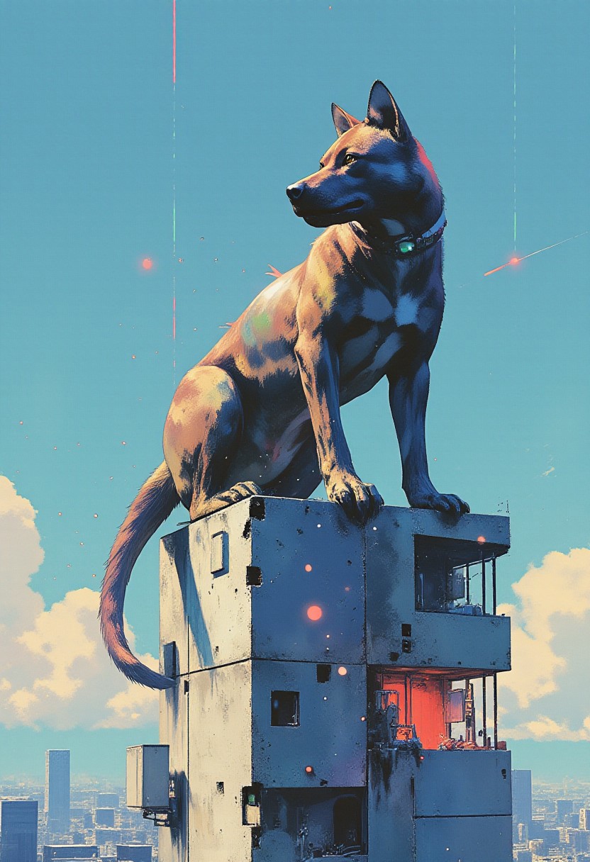 (Highly detailed, hyper-realistic, 8K, steampunk, photograph, Leica M11, 50mm f/1.2 lens, natural bokeh) In a striking anime cyberpunk style, the scene showcases a massive 30-foot humanoid figure perched atop a towering cyberscape building, its head resembling a biomechanical dog canine, merging animalistic features with advanced technology. The humanoid body is muscular and biomechanical, with elongated arms that end in chrome claws, glinting in the sunlight. A devil-like tail curls behind it, adding to its menacing yet captivating presence. 
As the figure sits, the weight partially destroys the building beneath it, concrete and glass crumbling away, showcasing the immense power of this creature. The body is adorned with small LED lights that pulse in vibrant red, green, and blue hues, creating a mesmerizing display against the metallic surface of its skin. A muzzle similar to that of a dog covers its face, designed to restrict biting, hinting at a feral nature beneath its humanoid exterior.
The backdrop features a bright blue sky, contrasting with the chaotic destruction of the building below. This juxtaposition of serene skies and the overwhelming power of the biomechanical figure invites viewers to immerse themselves in this futuristic and thrilling world, where technology and primal instincts collide in a visually stunning spectacle.