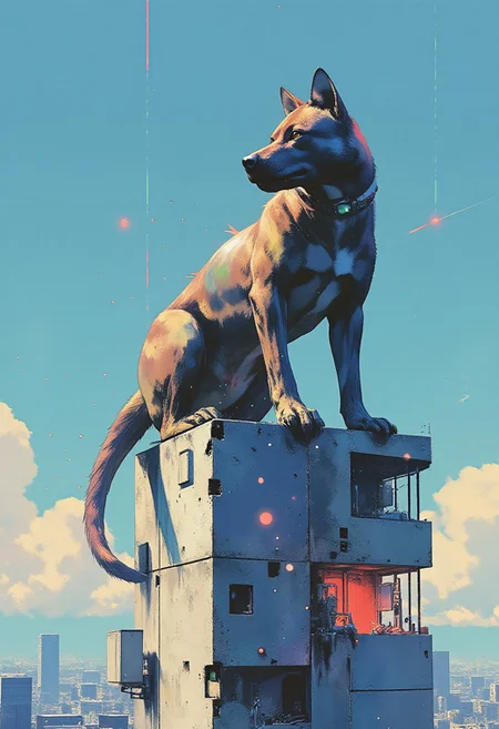 (Highly detailed, hyper-realistic, 8K, steampunk, photograph, Leica M11, 50mm f/1.2 lens, natural bokeh) In a striking anime cyberpunk style, the scene showcases a massive 30-foot humanoid figure perched atop a towering cyberscape building, its head resembling a biomechanical dog canine, merging animalistic features with advanced technology. The humanoid body is muscular and biomechanical, with elongated arms that end in chrome claws, glinting in the sunlight. A devil-like tail curls behind it, adding to its menacing yet captivating presence.
As the figure sits, the weight partially destroys the building beneath it, concrete and glass crumbling away, showcasing the immense power of this creature. The body is adorned with small LED lights that pulse in vibrant red, green, and blue hues, creating a mesmerizing display against the metallic surface of its skin. A muzzle similar to that of a dog covers its face, designed to restrict biting, hinting at a feral nature beneath its humanoid exterior.
The backdrop features a bright blue sky, contrasting with the chaotic destruction of the building below. This juxtaposition of serene skies and the overwhelming power of the biomechanical figure invites viewers to immerse themselves in this futuristic and thrilling world, where technology and primal instincts collide in a visually stunning spectacle.