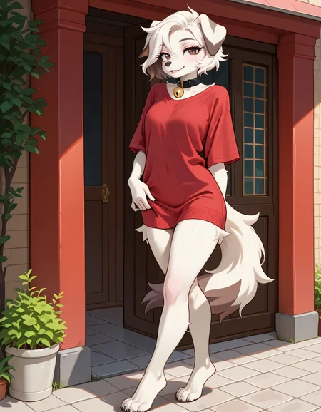masterpiece, best quality, very aesthetic, absurdres,
outdoors, casual,
full body, standing, posing,
seductive smile, parted lips, long eyelashes,
<lora:Infi_v01_NAIXL:1>,
1nf1,1girl,solo,furry,furry female,dog girl,dog ears,short hair,white hair,brown eyes,snout,animal nose,collar,neck bell,body fur,white fur,dog tail,