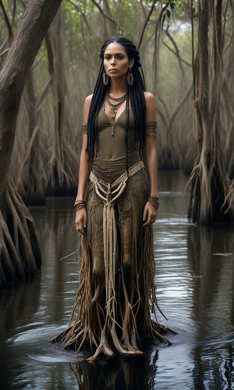 UHD, 8K, ultra detailed, a cinematic photograph of full length, full body, full frame, (((midnight in a mangrove swamp))) '[snake human ] hybrid' made of human skin, darkness, beautiful lighting, great composition, long black hair, chicken bones in beaded dreadlocks, voodoo woman, trees, Spanish moss hanging from the trees