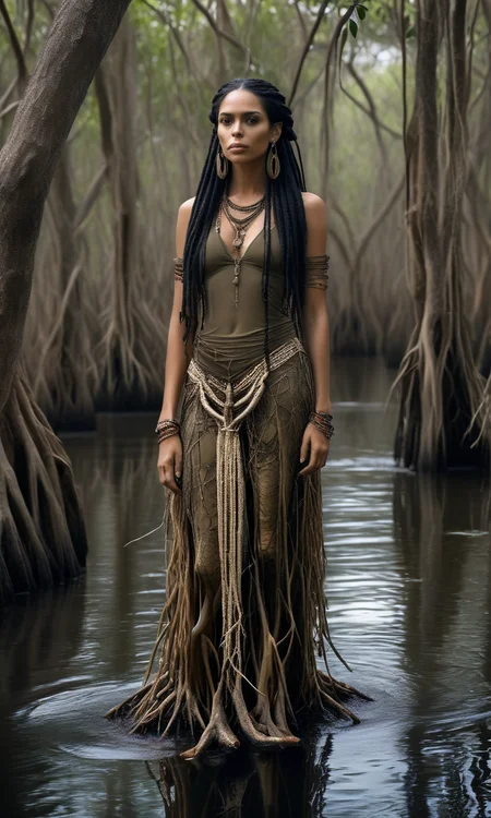 UHD, 8K, ultra detailed, a cinematic photograph of full length, full body, full frame, (((midnight in a mangrove swamp))) '[snake human ] hybrid' made of human skin, darkness, beautiful lighting, great composition, long black hair, chicken bones in beaded dreadlocks, voodoo woman, trees, Spanish moss hanging from the trees