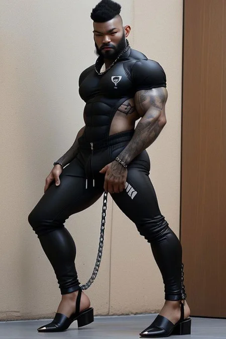 Gay Caucasian man, masculine, hairy, black colour rubber, tight tracksuit, high stiletto heels, chains, tiny man, hold a gay flag, splitting legs