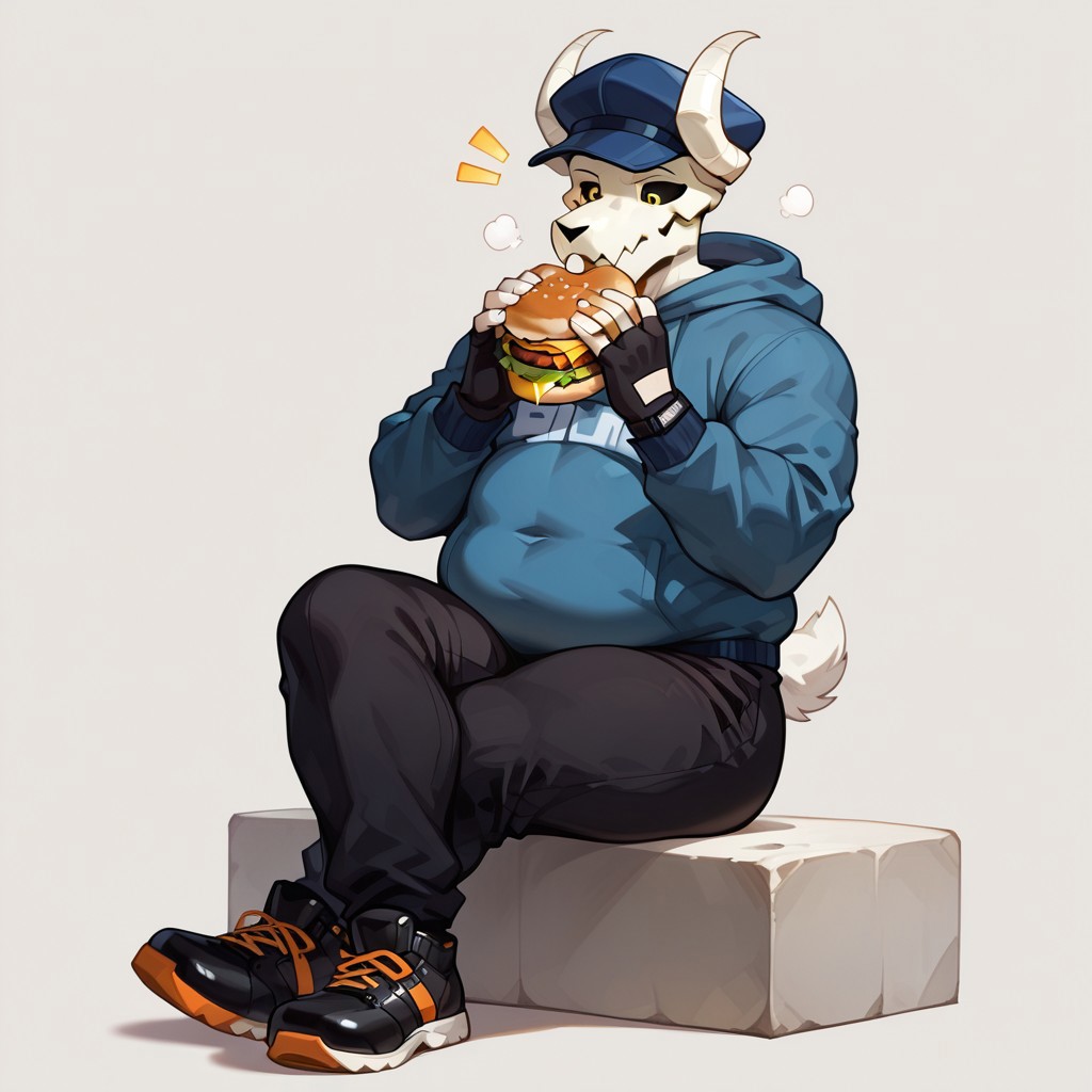 Score_9_up, score_8_up, score_7_up, Source_furry, furry, best quality, amazing quality, very aesthetic, absurdres, newest, detailed, perfect anatomy, masterpiece, high quality, best quality, highres, aesthetic, 
t4b1fnf, black sport pants, bodybuilder, tone body, muscular, tabi, anthro, humanoid, goat, skull head, skull face, noseless, earsless, White horns, earless, tailess, yellow eyes, black sclera, white body, black shoes with orange details, blue hoodie, fingerless gloves, blue hat, invisible neck, 
(obese:1.3), sitting, legs crossed, eating burger, looking down,