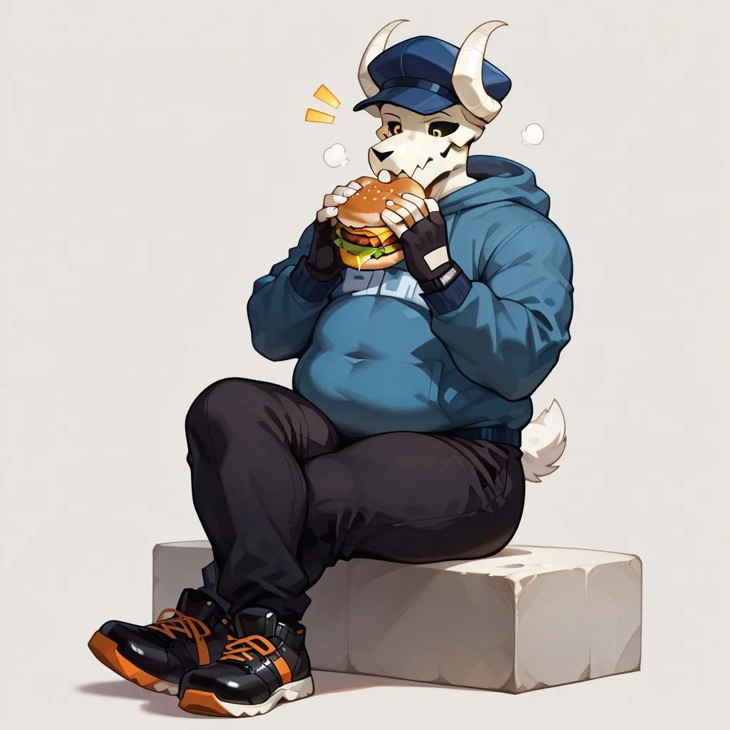 Score_9_up, score_8_up, score_7_up, Source_furry, furry, best quality, amazing quality, very aesthetic, absurdres, newest, detailed, perfect anatomy, masterpiece, high quality, best quality, highres, aesthetic,
t4b1fnf, black sport pants, bodybuilder, tone body, muscular, tabi, anthro, humanoid, goat, skull head, skull face, noseless, earsless, White horns, earless, tailess, yellow eyes, black sclera, white body, black shoes with orange details, blue hoodie, fingerless gloves, blue hat, invisible neck,
(obese:1.3), sitting, legs crossed, eating burger, looking down,