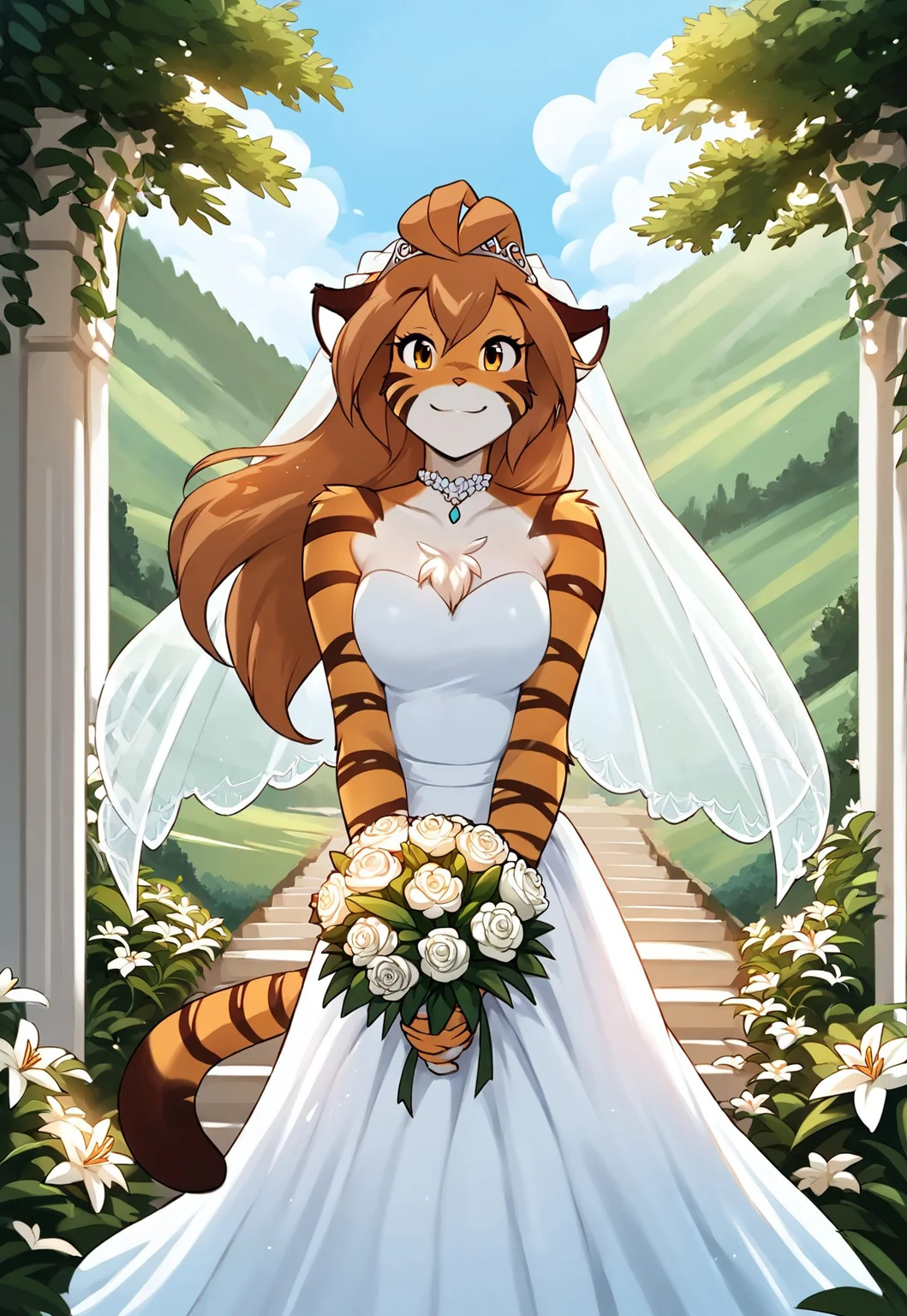 score_9, score_8_up, score_7_up, masterpiece, best quality, good quality, highly detailed, absurdres, Expressiveh, detailed background, outdoors, wedding chapel, wedding decorations, 1 girl, solo, anthro, flora-twokinds, tiger tail, wedding dress, holding bouquet, looking at the viewer, smile, happy