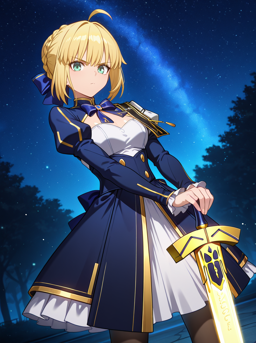 masterpiece, best quality, amazing quality, very aesthetic, absurdres, newest,shiny skin,  anime coloring, anime screenshot,  <lora:SabrHonkaiStarRail:1>saberhsr, blonde hair, 1girl, solo, ahoge, pantyhose, dress , ribbon, braid, green eyes, blue dress, hair ribbon, long sleeves, bow,   excalibur \(fate/stay night\), standing, looking at viewer, cowboy shot, legs apart,
outdoors, night, blue theme,starry sky,  hands on hilt, dutch angle, looking at viewer,
